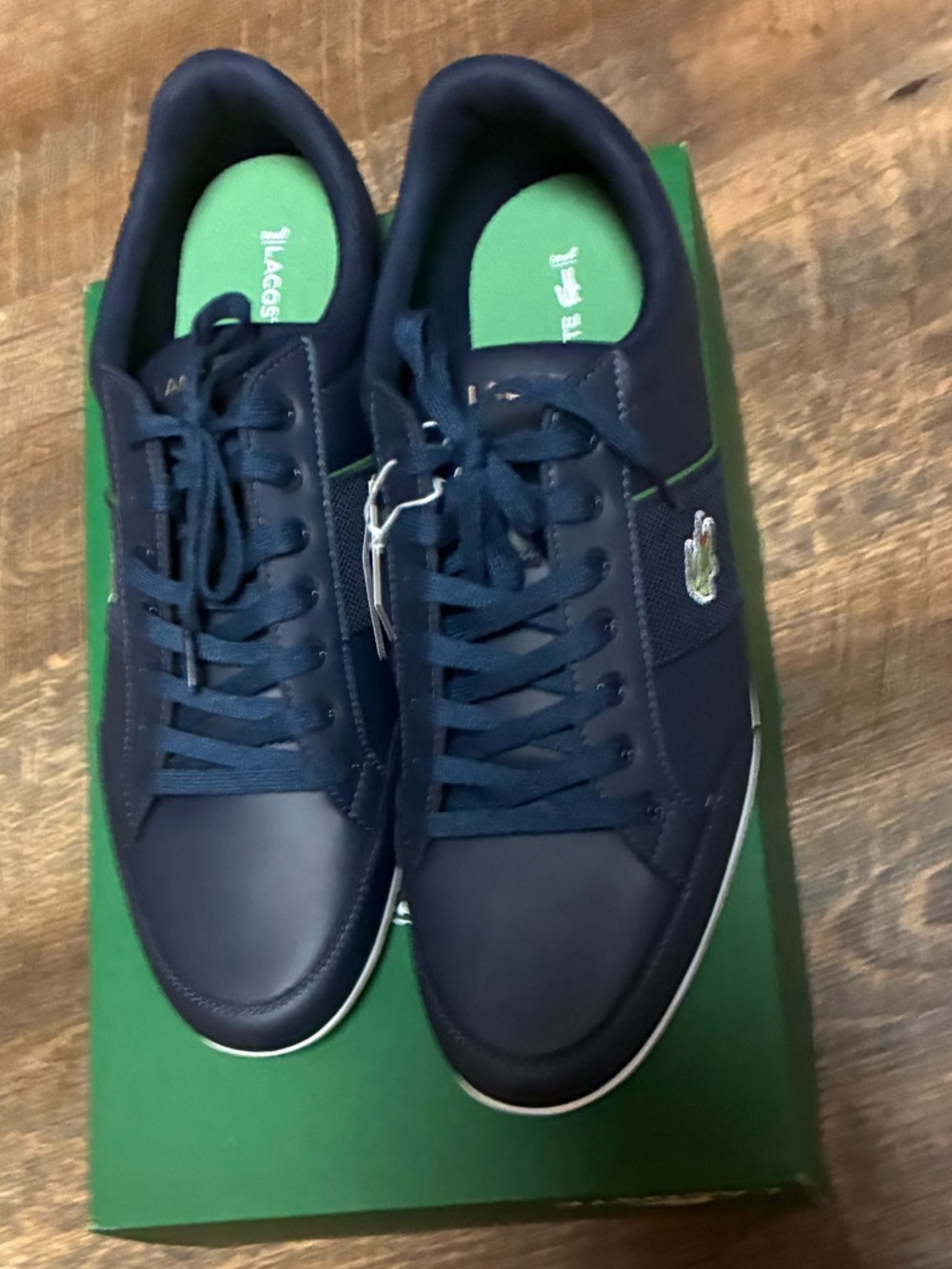 Lacoste Men's Navy Sneakers with Green Insole and Trim. Size 11.5